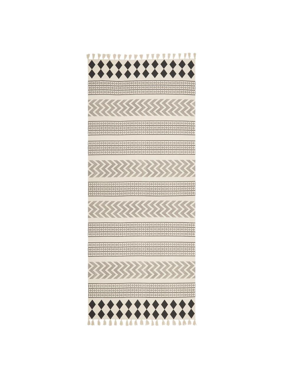 Tapis de couloir ethnique blanc crème Edna, 100 % coton, Couleur crème, noir, larg. 80 x long. 250 cm