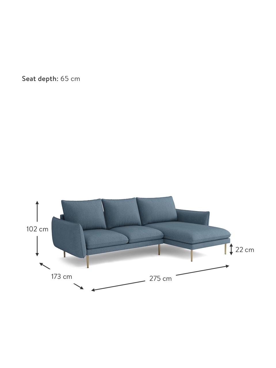 Sofa narożna z aksamitu z metalowymi nogami Largo (3-osobowa), Tapicerka: aksamit (100% poliester), Stelaż: drewno bukowe, płyta wiór, Nogi: metal malowany proszkowo, Aksamitny jasny niebieski, S 275 x G 170 cm