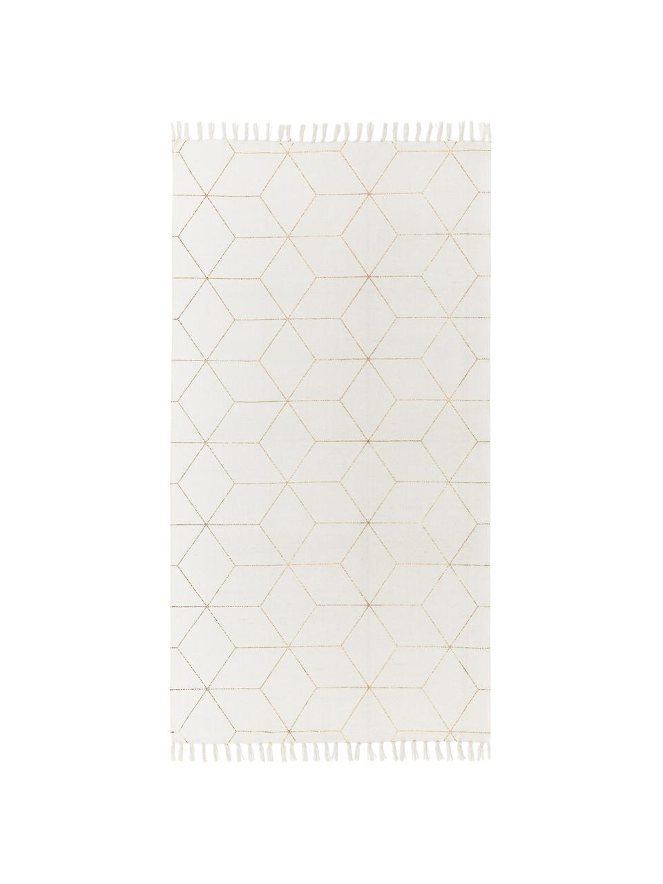 Alfombra de tejido plano de algodón con flecos Yena, Beige, dorado, An 70 x L 140 cm (Tamaño XS)