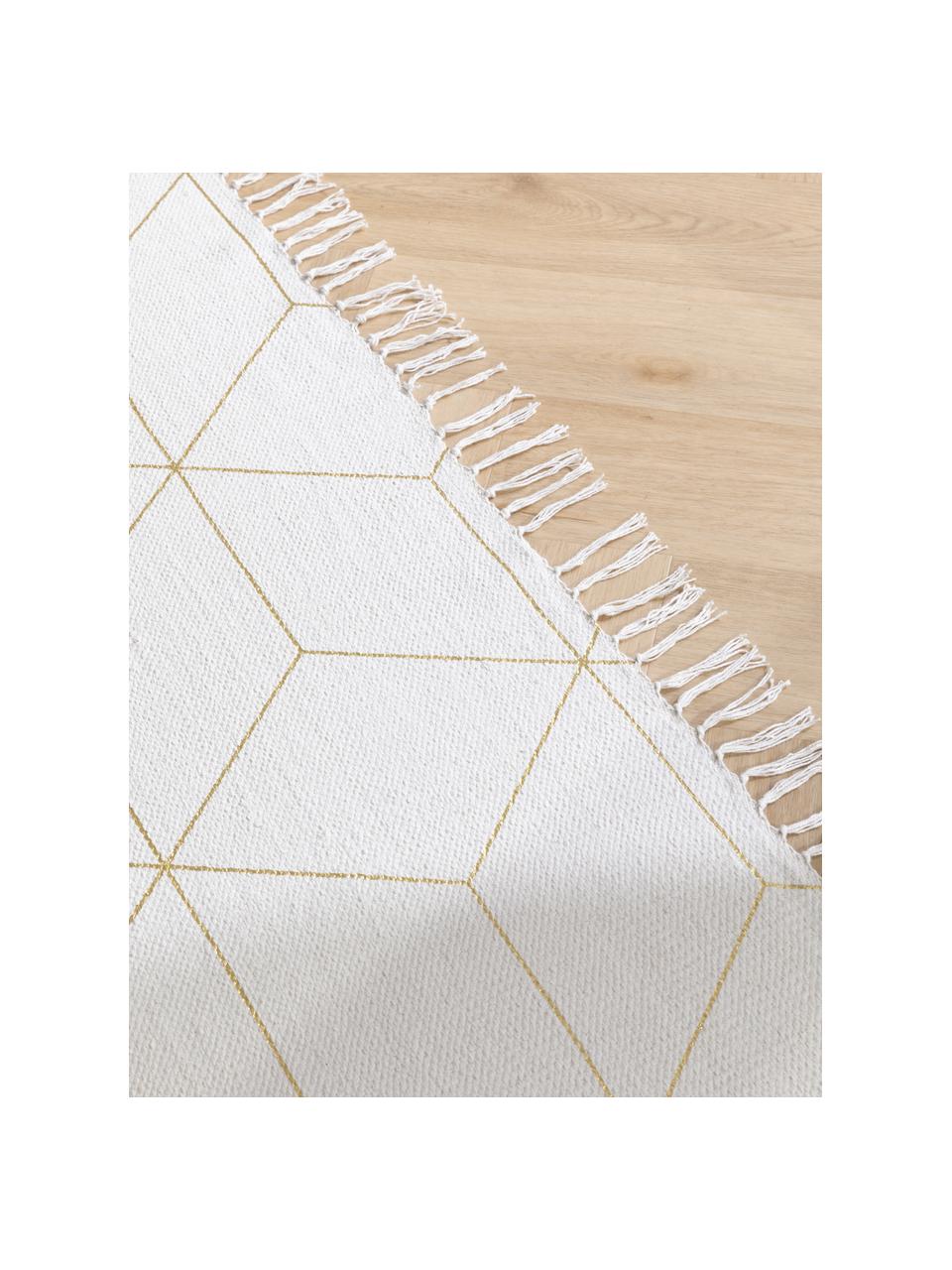 Alfombra de tejido plano de algodón con flecos Yena, Beige, dorado, An 70 x L 140 cm (Tamaño XS)