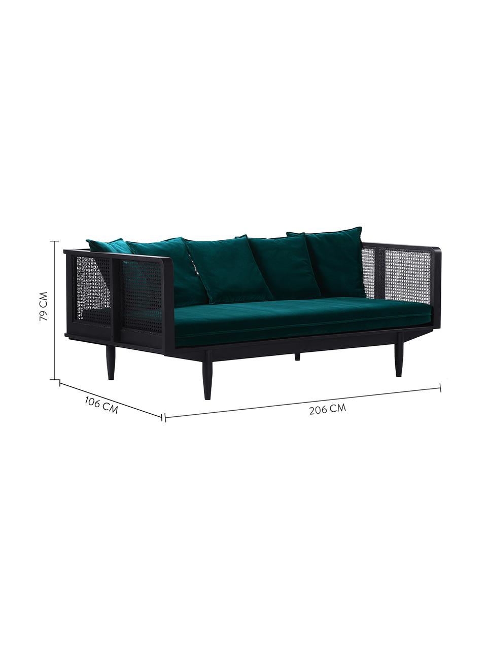 Sofa z aksamitu z plecionką wiedeńską Big Sur (3-osobowa), Tapicerka: 100% aksamit poliestrowy, Butelkowy zielony, czarny, S 106 x W 79 cm