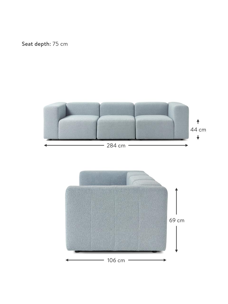 Modulares Bouclé-Sofa Lena (4-Sitzer), Bezug: Bouclé (93 % Polyester, 6, Gestell: Kiefernholz, Schichtholz,, Füße: Kunststoff, Bouclé Hellblau, B 284 x T 106 cm