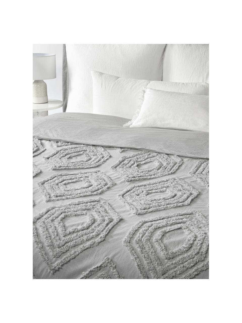 Copriletto con decorazione a ciuffi Faye, 100% cotone, Grigio, Larg. 160 x Lung. 200 cm (per letti da 120 x 200)