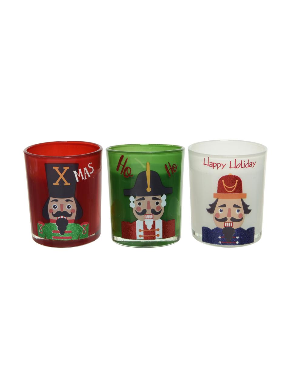 Velas Nussknacker, 3 uds., Recipiente: vidrio, Rojo, blanco, verde, Ø 7 x Al 9 cm