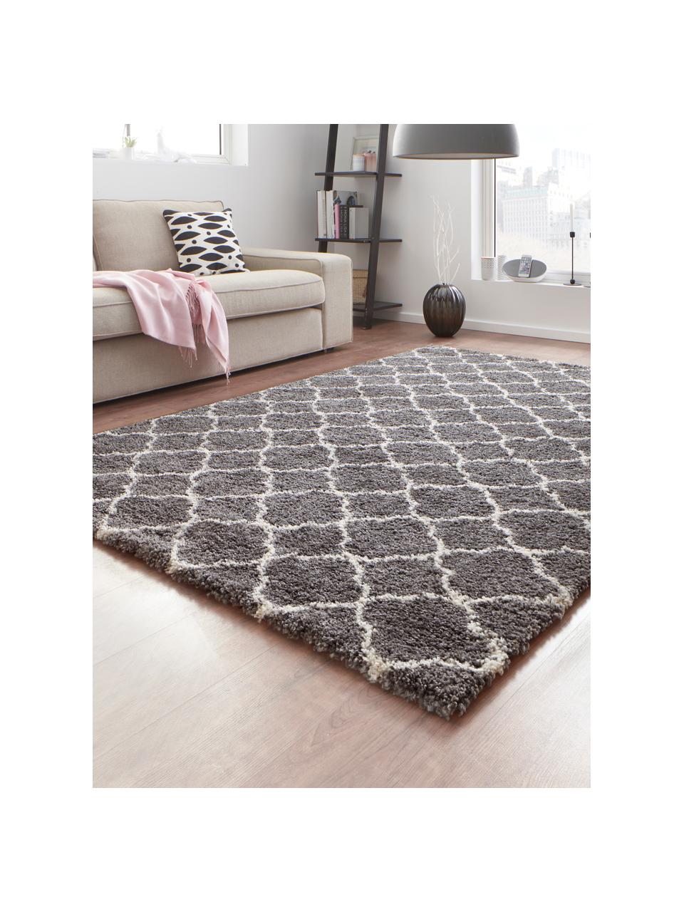 Tapis poils longs gris crème Grace, Gris foncé, crème