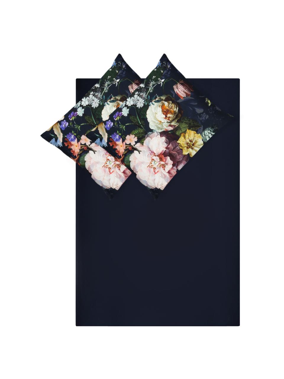 Katoenen dekbedovertrek Fleur, Donkerblauw, 140 x 200 cm + 1 kussenhoes 60 x 70 cm
