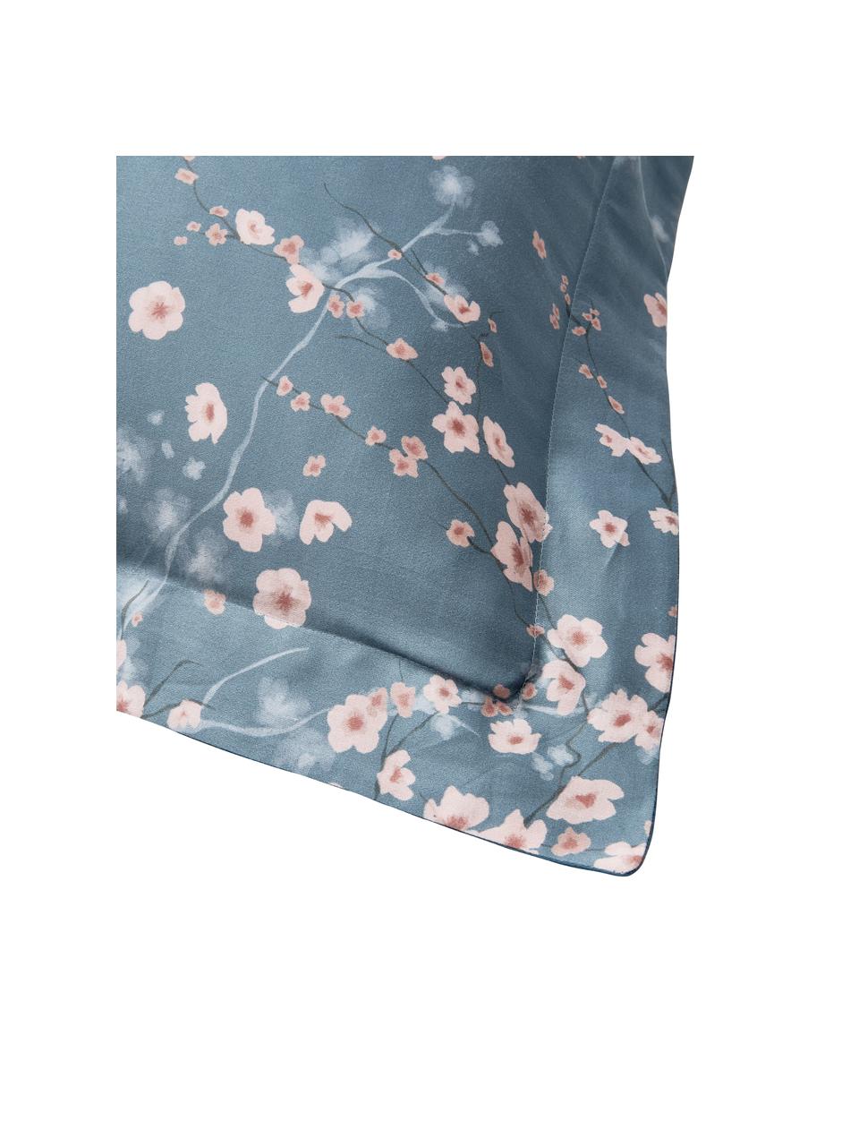 Baumwollsatin-Kopfkissenbezug Sakura mit Blumen-Print in Marineblau, Webart: Satin Fadendichte 250 TC,, Blau, B 40 x L 80 cm