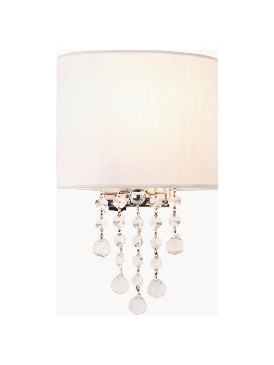 Kristalglazen wandlamp Nora met schakelaar, Lampenkap: textiel, Decoratie: kristalglas, Wit, B 18 x H 27 cm