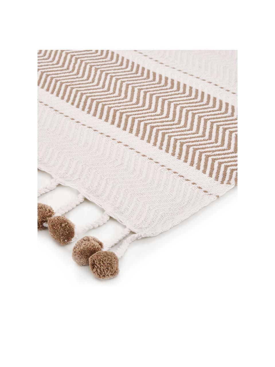 Plaid blanc avec pompons Pom Pom, Blanc cassé, taupe