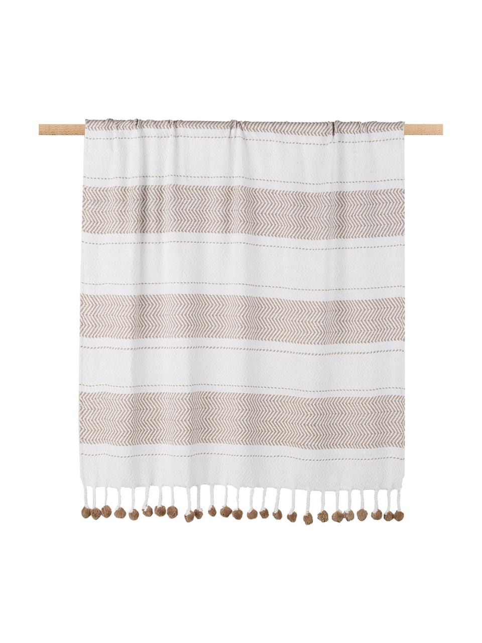 Baumwolldecke Pom Pom mit Streifendesign in Weiss/Taupe, 100% Baumwolle, Gebrochenes Weiss, Taupe, 130 x 170 cm