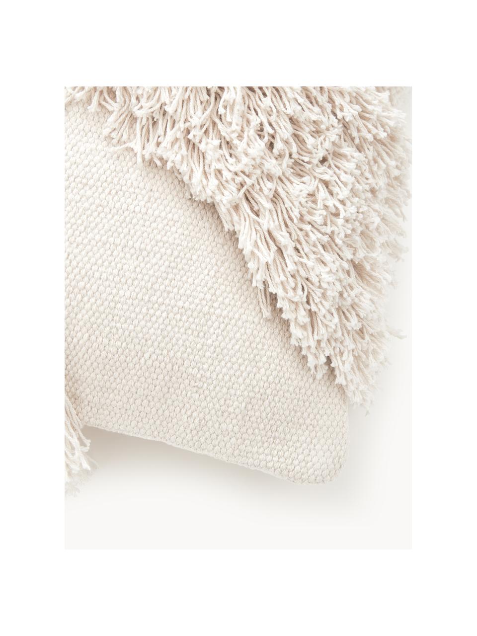 Poszewka na poduszkę z bawełny z frędzlami Inga, 100% bawełna z certyfikatem GRS, Złamana biel, S 45 x D 45 cm