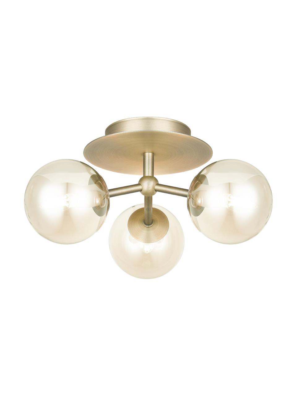 Malá dizajnová stropná lampa zo skla Atom, Mosadzné odtiene, odtiene jantárovej, Ø 26 x V 16 cm