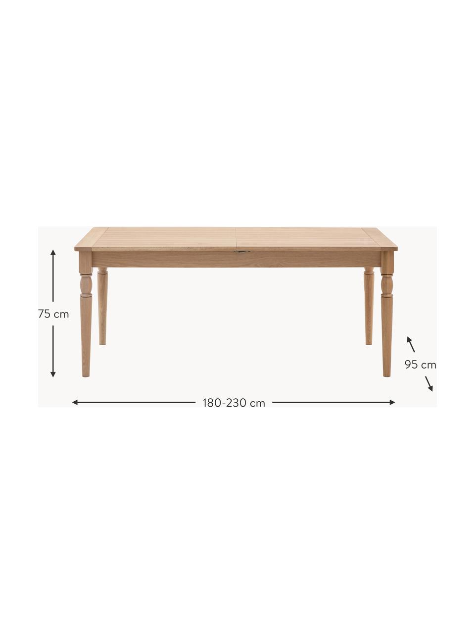 Ausziehbarer Holz-Esstisch Eton, handgefertigt, 180 - 230 x 95 cm, Tischplatte: Mitteldichte Holzfaserpla, Gestell: Eichenholz, lackiert, Eichenholz, B 180 - 230 x T 95 cm