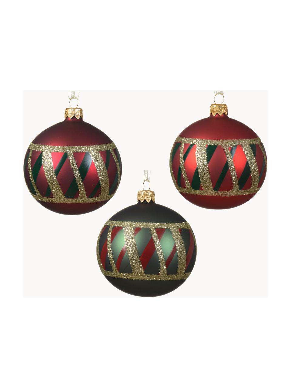 Boules de Noël Merry, 6 élém., Verre, Rouge, vert foncé, doré, Ø 8 cm