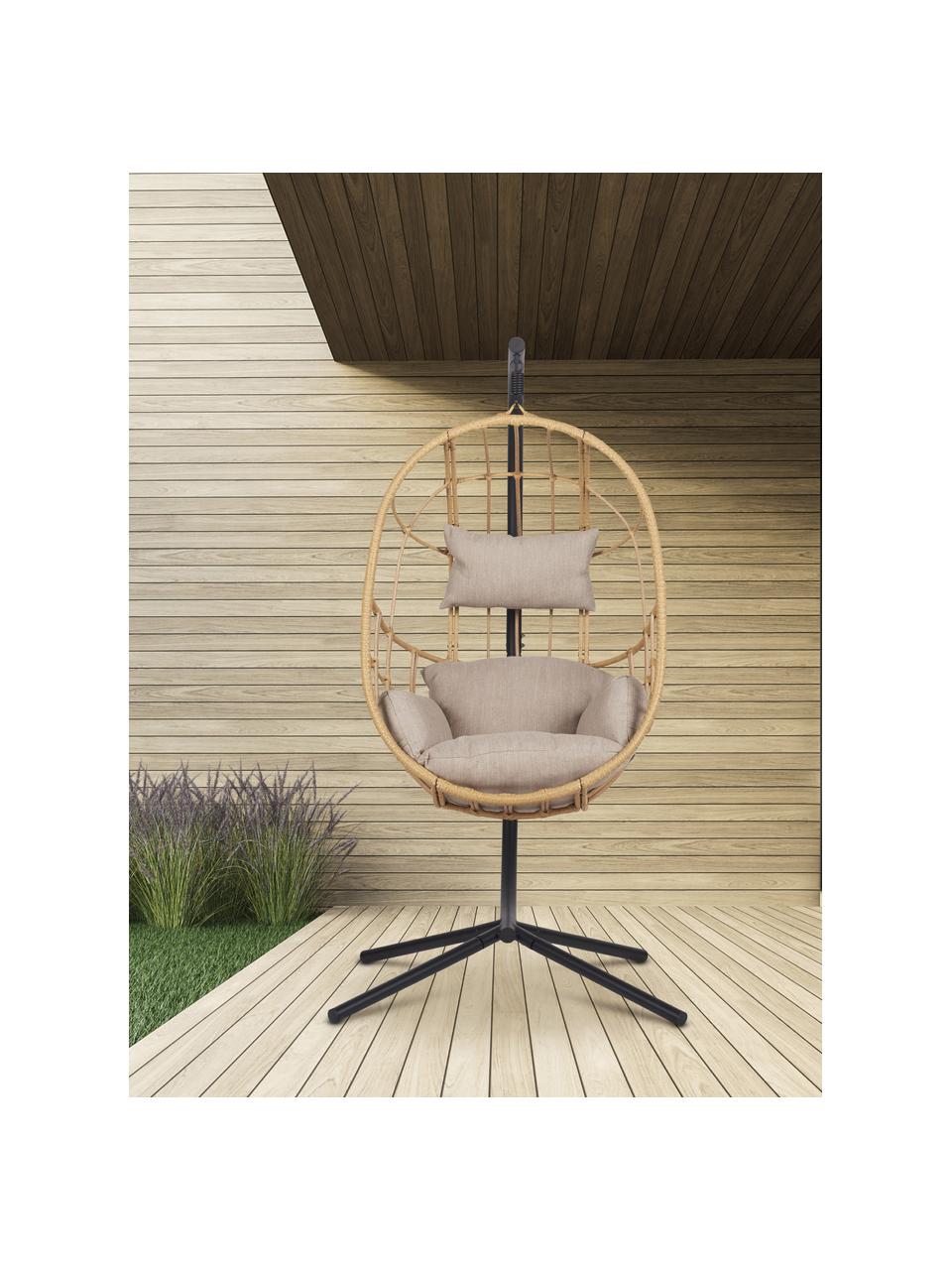 Poltrona sospesa con cuscini Bahamas, Struttura: metallo rivestito, Tessuto beige chiaro, rattan, Larg. 128 x Alt. 190 cm