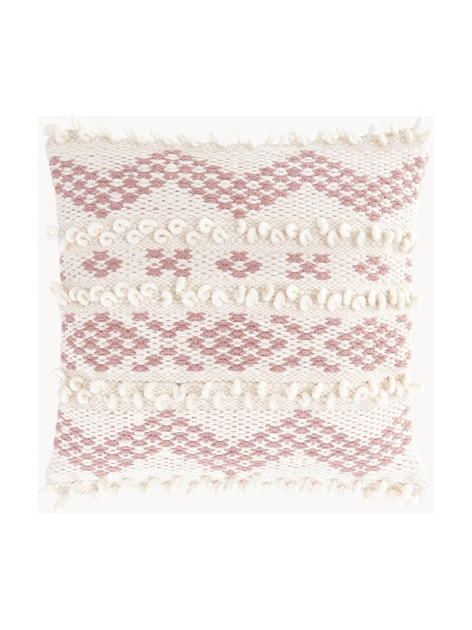 Boho kussenhoes Paco met decoratie, 80% katoen, 20% wol, Wit, roze, B 45 x L 45 cm