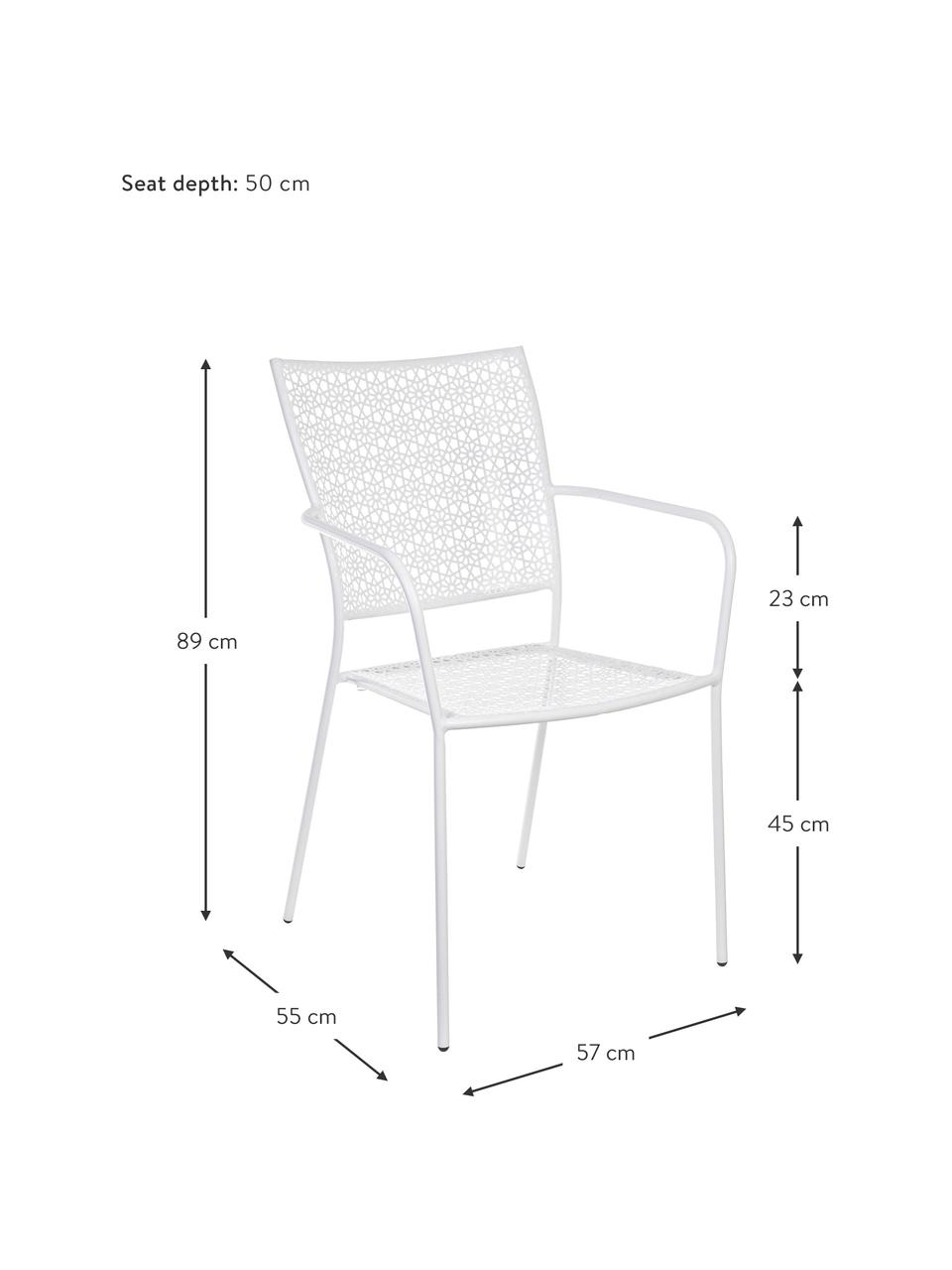 Silla con reposabrazos de metal para exterior Jodie, Acero con pintura en polvo epoxi, Blanco, An 57 x Al 89 cm