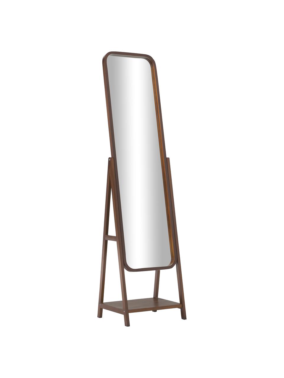 Lustro stojące z drewnianą ramą i półką Matteo, Stelaż: drewno sosnowe, płyta pil, Brązowy, S 43 x W 170 cm