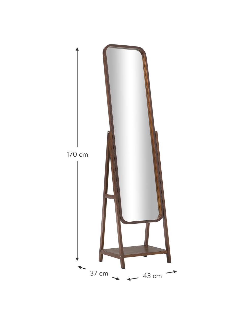 Miroir sur pied avec cadre et étagère en bois Matteo, Brun, larg. 43 x haut. 170 cm