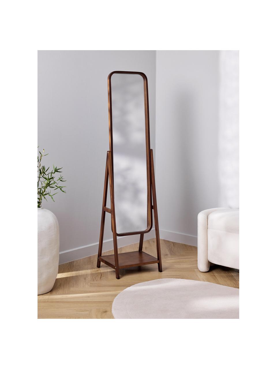 Stojací zrcadlo s dřevěným rámem a poličkou Matteo, Tmavé dřevo, Š 43 cm, V 170 cm