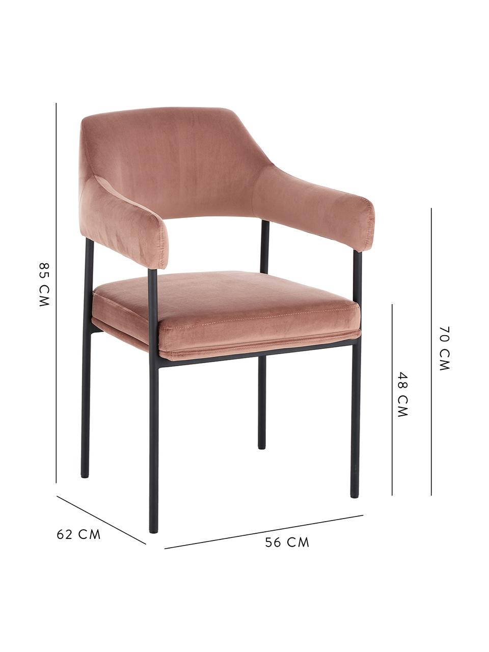 Sedia con braccioli in velluto Zoe, Rivestimento: velluto (poliestere) 50.0, Struttura: metallo verniciato a polv, Velluto rosa cipria, Larg. 56 x Prof. 62 cm