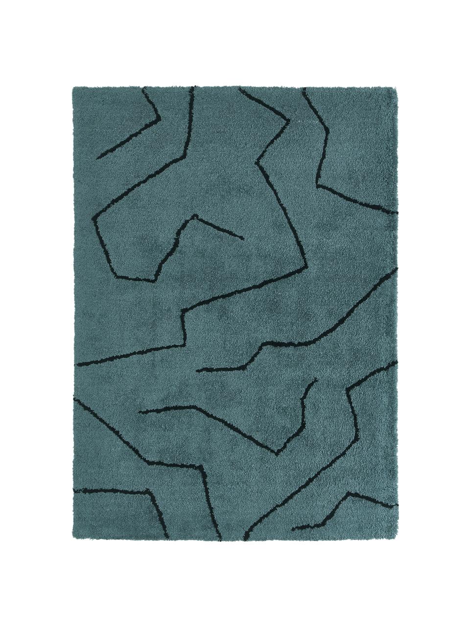 Handgetufteter Hochflor-Teppich Davin, Flor: 100% Polyester-Mikrofaser, Petrol, Schwarz, B 80 x L 150 cm (Größe XS)