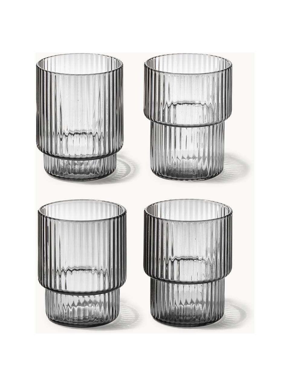 Verres à eau striés soufflés bouche Ripple, 4 élém., Verre, soufflé bouche, Gris, transparent et haute brillance, Ø 7 x haut. 9 cm, 200 ml