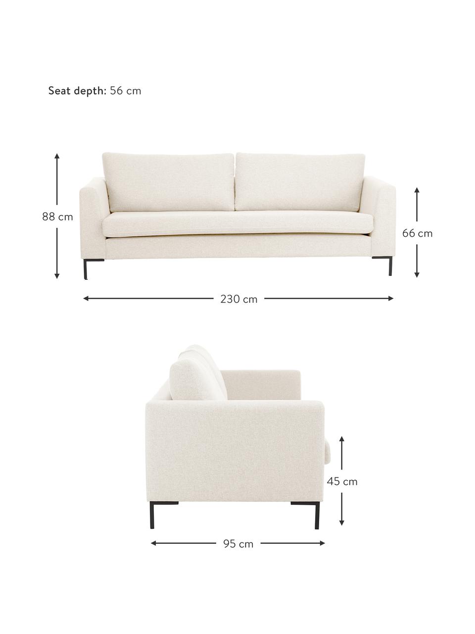 Sofa z metalowymi nogami Luna (3-osobowa), Tapicerka: 100% poliester Dzięki tka, Stelaż: lite drewno bukowe, Nogi: metal galwanizowany, Beżowa tkanina, S 230 x G 95 cm