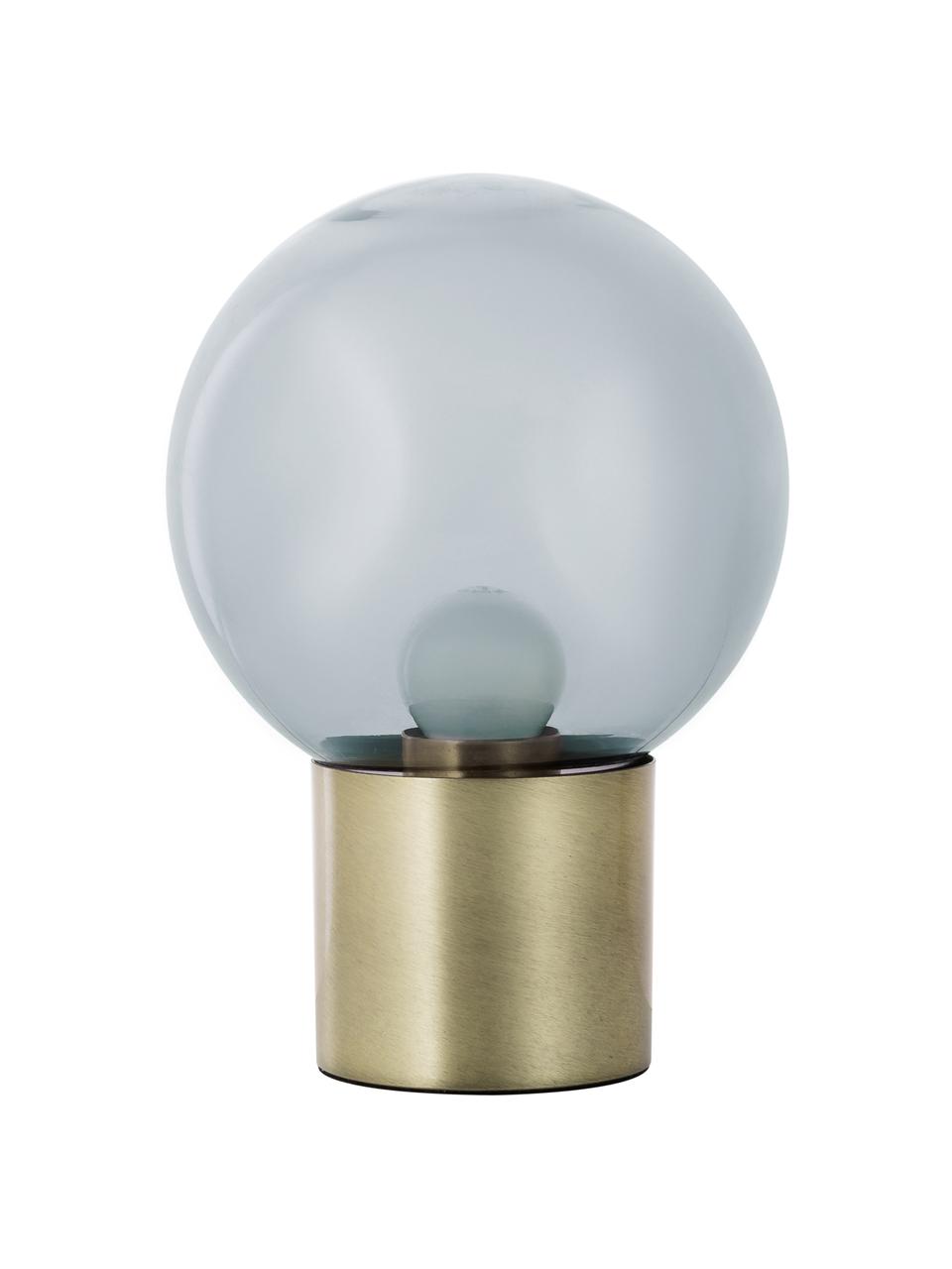 Kleine retro tafellamp Lark van glas, Lampenkap: glas, Lampvoet: geborsteld metaal, Lampenkap: grijs, transparant. Lampvoet: mat messingkleurig, Ø 17 x H 24 cm