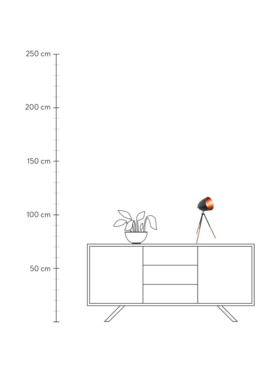 Lampa biurkowa trójnóg w stylu industrial Luna, Podstawa lampy: czarny, miedziany Klosz na zewnątrz: czarny, S 29 x W 44 cm