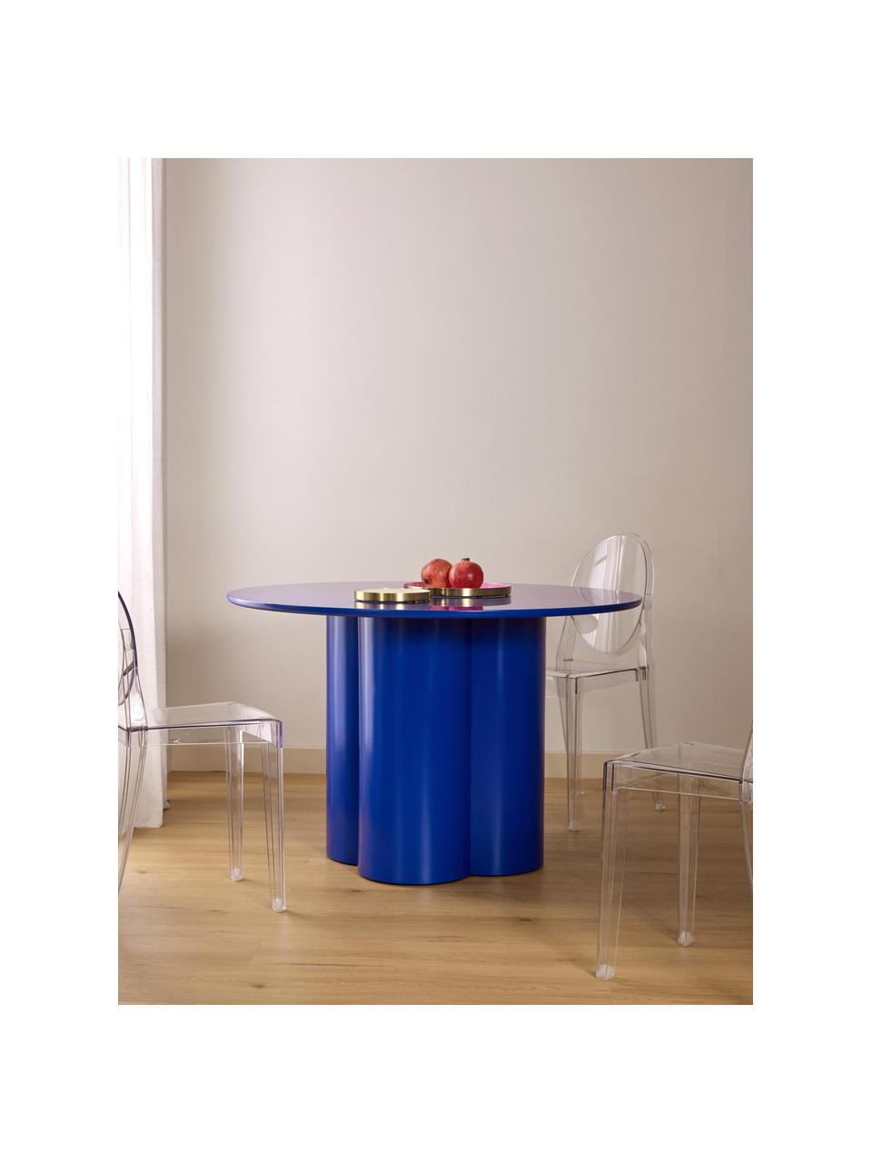 Mesa de comedor redonda de madera Keva, tamaños diferentes, Tablero de fibras de densidad media (MDF) con certificado FSC, recubierto, Azul real, Ø 115 cm