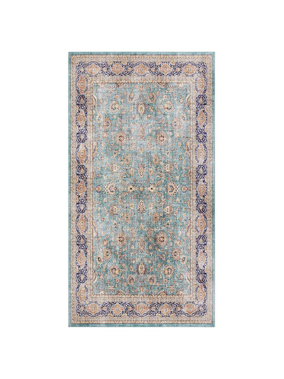 Loper Keshan Mashad, 100% polyester, Turquoise, meerkleurig, B 80 x L 150 cm (maat XS)
