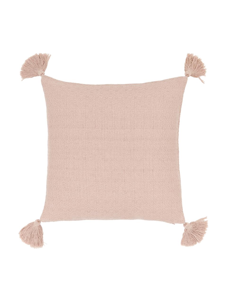 Housse de coussin rose à houppes décoratives Lori, Rose, blanc crème