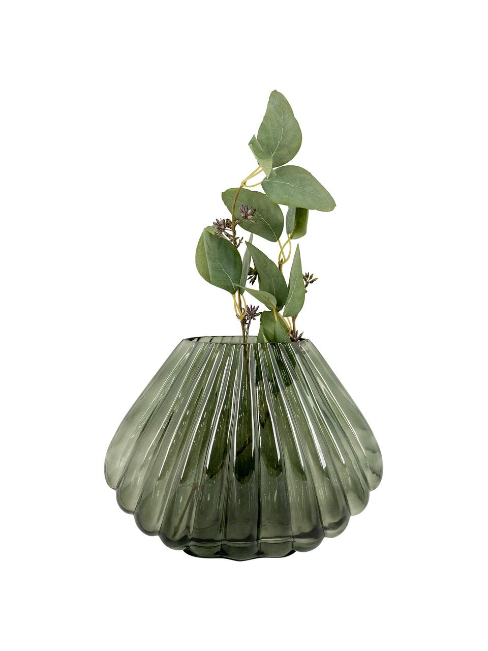 Ručně foukaná váza s žebrovaným povrchem Mandy, Foukané sklo, Tmavě zelená, Ø 29 cm, V 22 cm