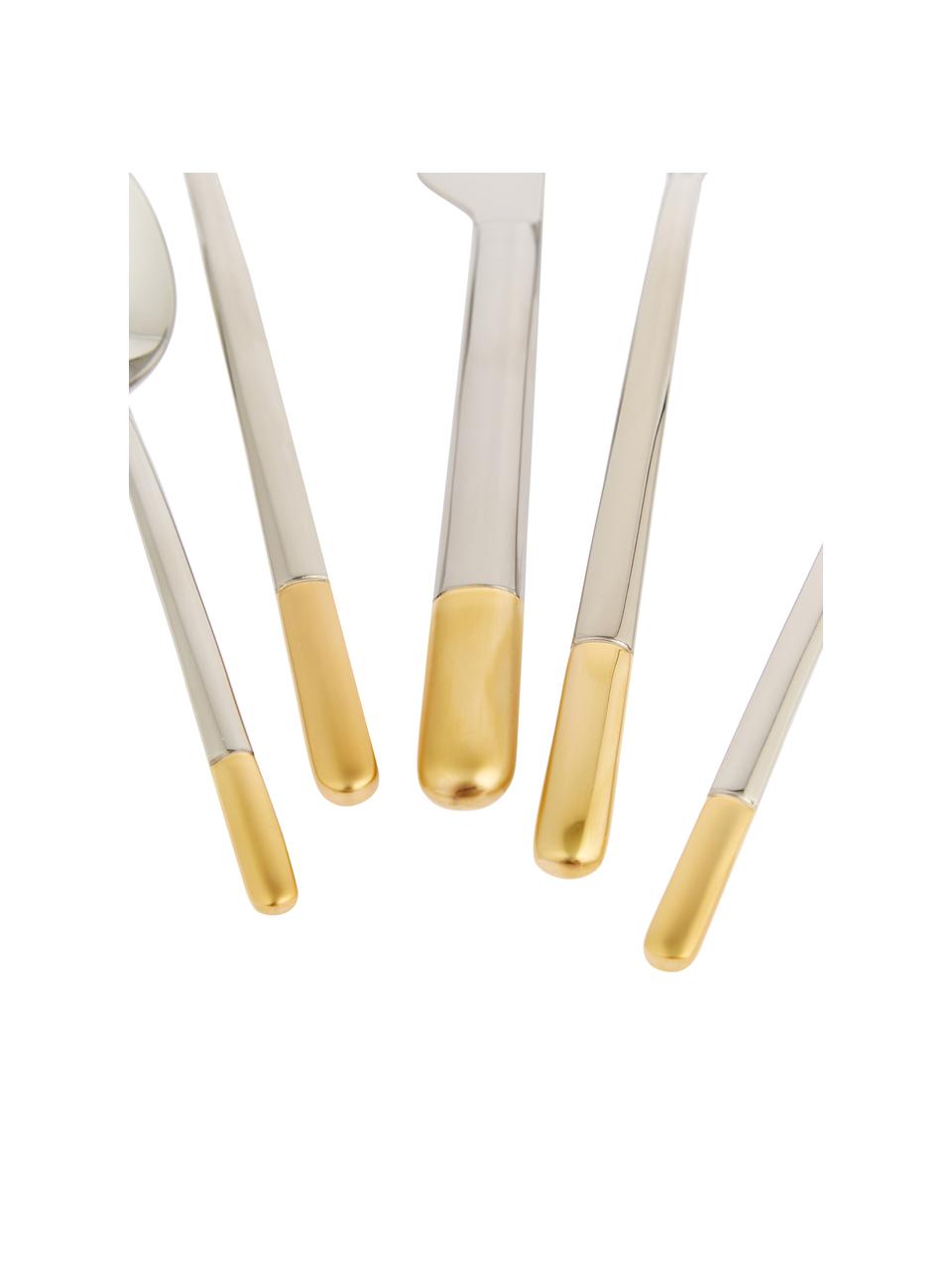 Ménagère design Ella, 6 personnes (30 élém.), Acier inoxydable 18/10

Les couverts sont fabriqués en acier inoxydable. Ils ont donc une longue durée de vie, ne rouillent pas et résistent aux bactéries. De plus, ils passent au lave-vaisselle, ne perdent pas leur couleur, sont faciles à entretenir, neutres au goût et résistants aux acides, Couleur argentée, couleur dorée, 6 personnes (30 élém.)
