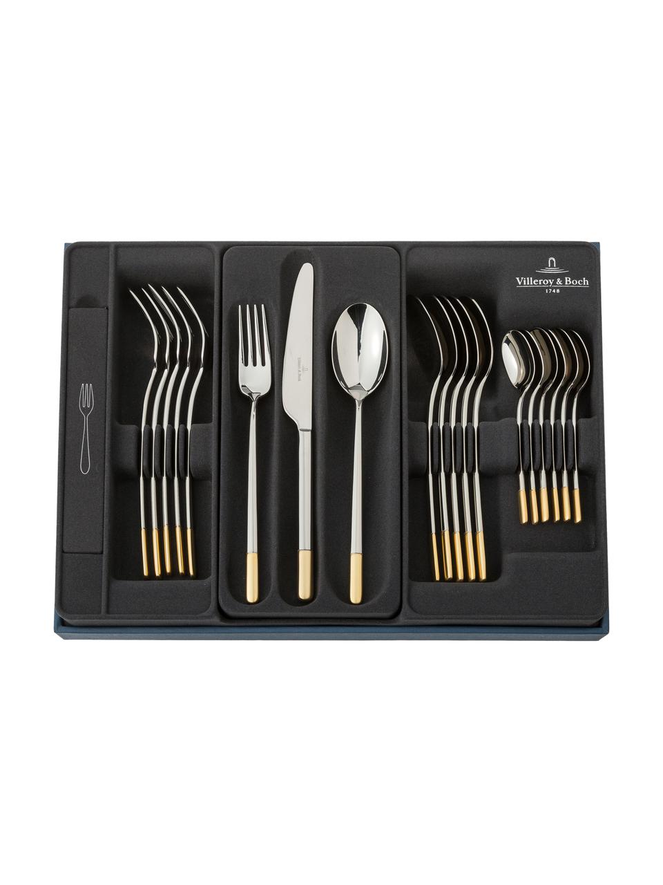 Design-Besteck-Set Ella, 6 Personen (30-tlg.), Edelstahl 18/10

Das Besteck ist aus Edelstahl gefertigt. Somit ist es langlebig, rostet nicht und ist resistent gegen Bakterien. Zudem ist es Spülmaschinenfest, farbecht, pflegeleicht, geschmacksneutral und säurebeständig., Silberfarben, Goldfarben, 6 Personen (30-tlg.)