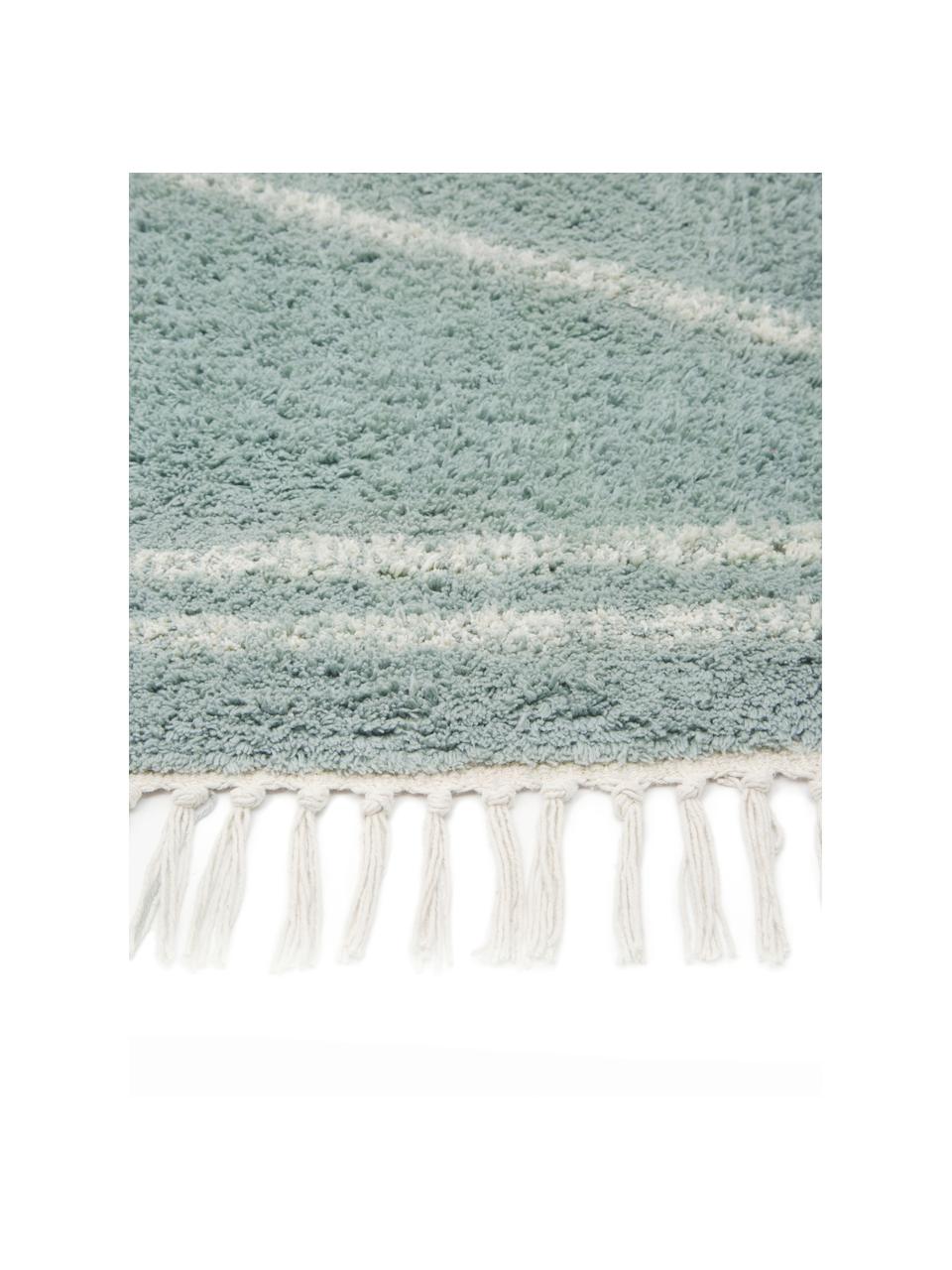 Ručně tkaný bavlněný koberec s klikatým vzorem a třásněmi Asisa, Šalvějově zelená a béžová, Š 200 cm, D 300 cm (velikost L)