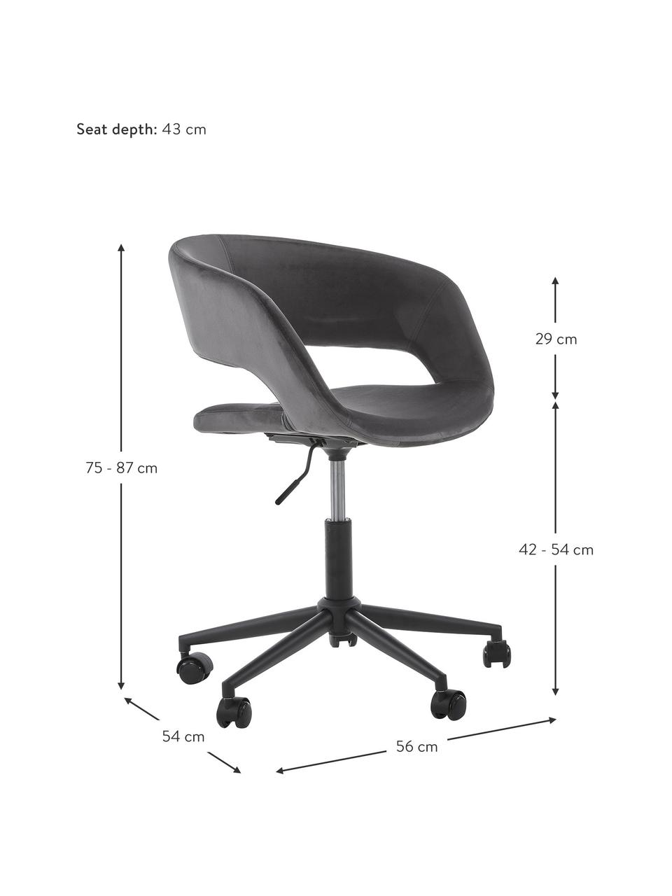 Sedia girevole in velluto Grace, regolabile in altezza, Rivestimento: poliestere 25.000 cicli d, Struttura: metallo, verniciato a pol, Velluto grigio scuro, Larg. 56 x Prof. 54 cm