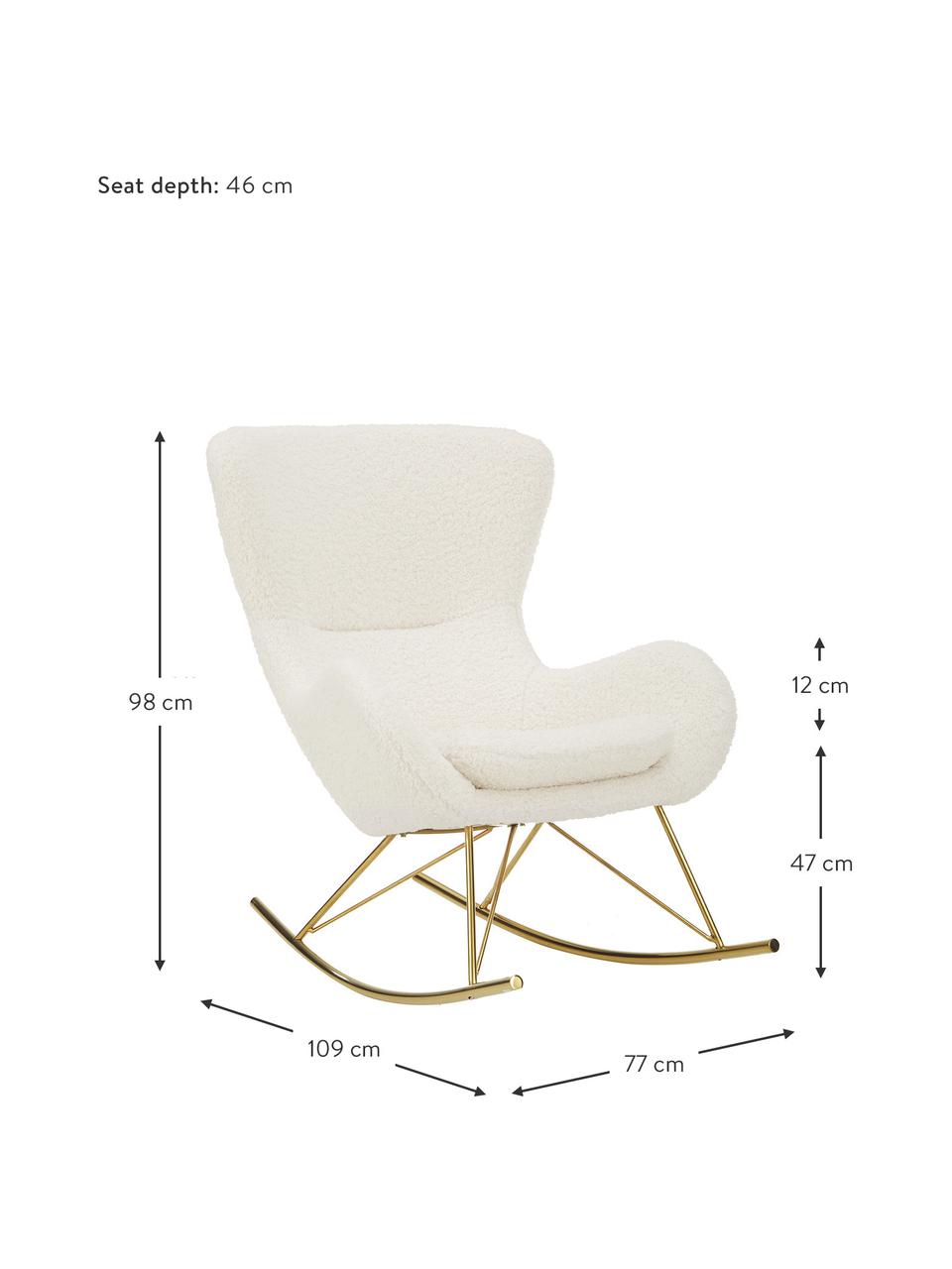Sedia a dondolo in teddy con piedini in metallo Wing, Rivestimento: poliestere (tessuto teddy, Struttura: metallo zincato, Teddy bianco crema, dorato, Larg. 77 x Prof. 109 cm