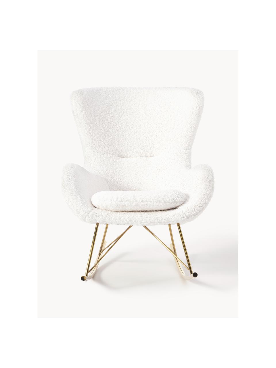 Fauteuil à bascule en tissu peluche Wing, Peluche blanc crème, cadre doré, larg. 77 x prof. 109 cm