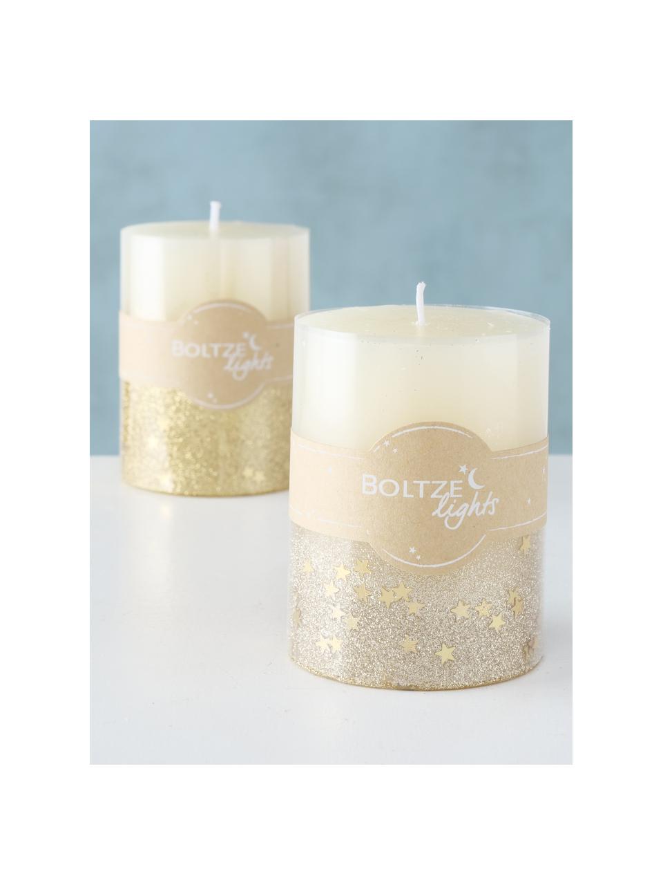 Bougies piliers Praga, 2 élém., Cire, Beige, doré, Ø 7 x haut. 9 cm