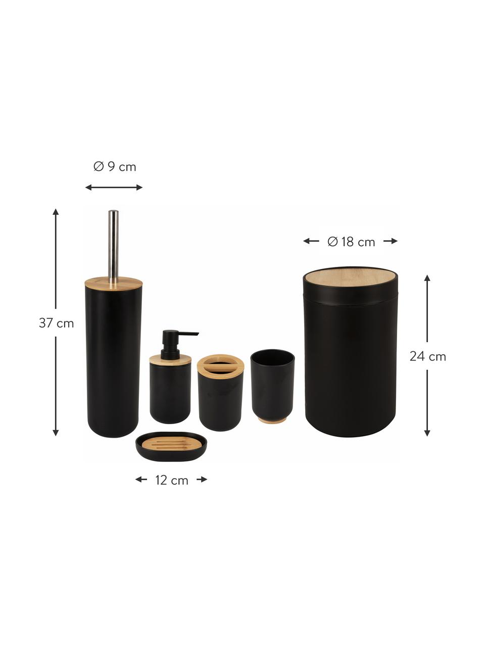 Badkamer accessoiresset Decent in zwart, 6-delig, Houder: polypropyleen, Deksel: bamboe, Zwart, helder hout, Set met verschillende formaten