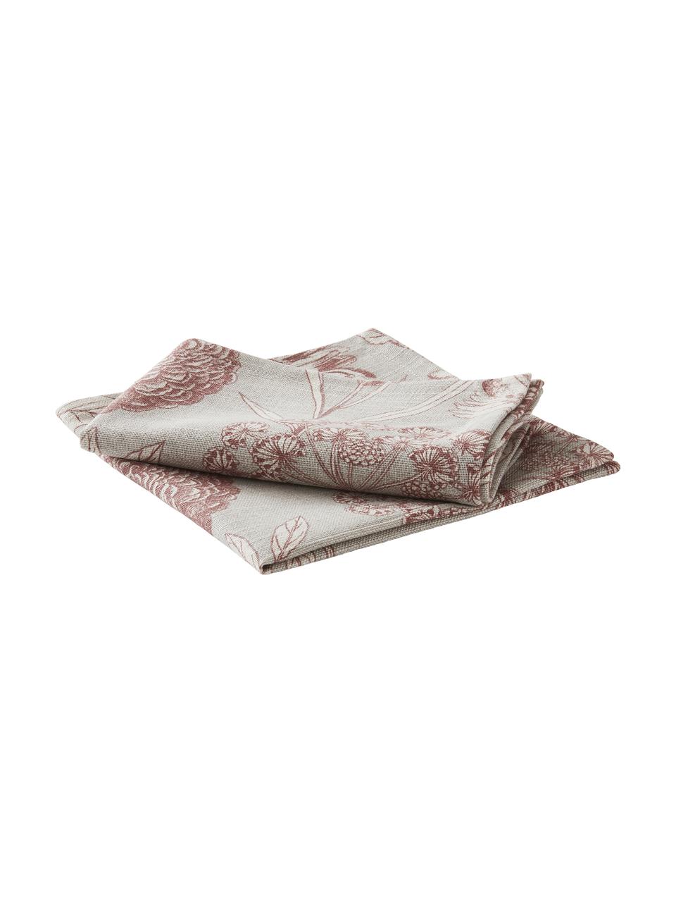 Stoff-Servietten Freya mit Blumenprint, 2 Stück, 86% Baumwolle, 14% Leinen, Beige, Rot, 42 x 42 cm