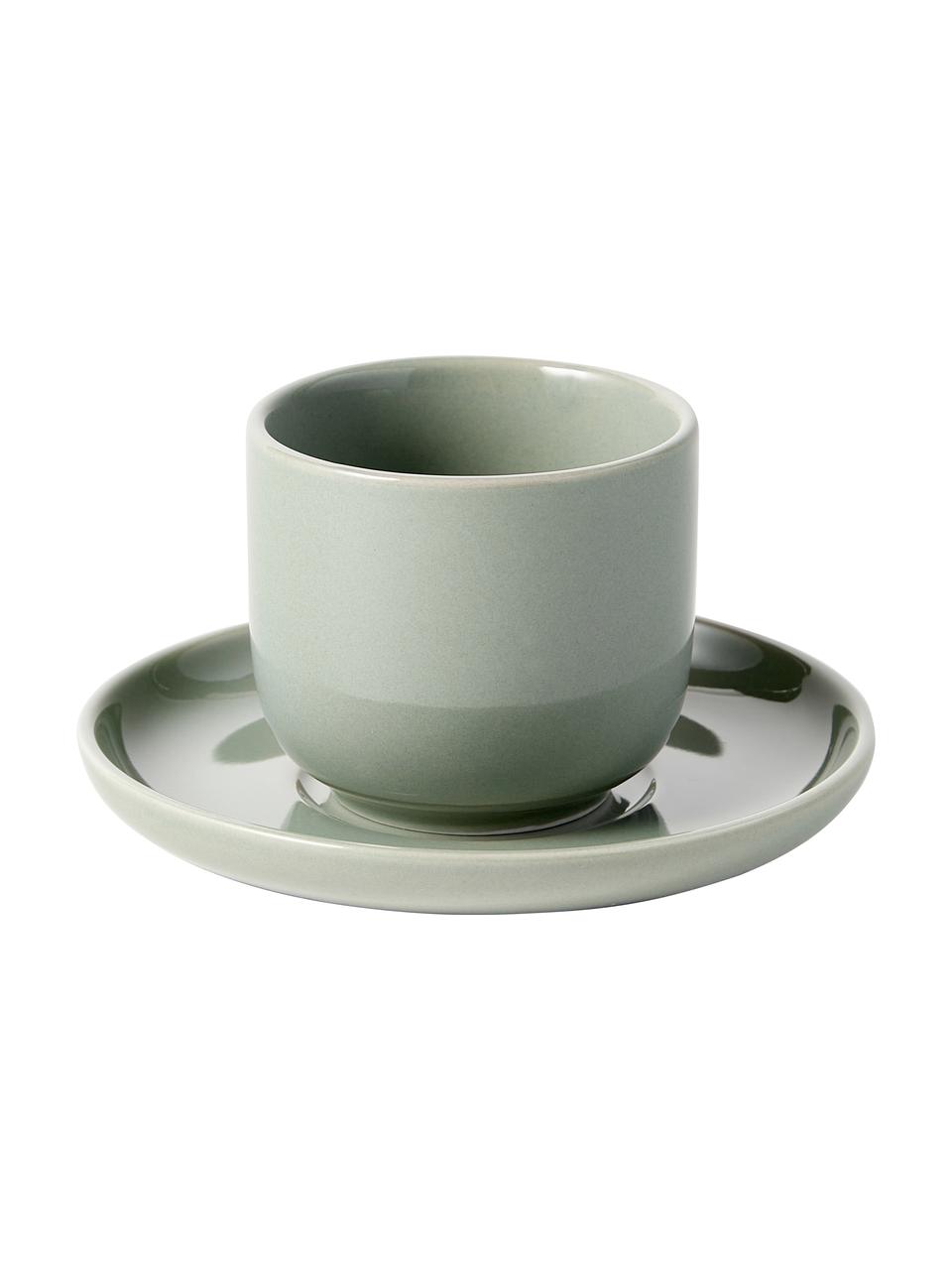 Porzellan Espressobecher Nessa mit Untertassen, 4 Stück, Hochwertiges Hartporzellan, Salbeigrün, Ø 7 x H 6 cm