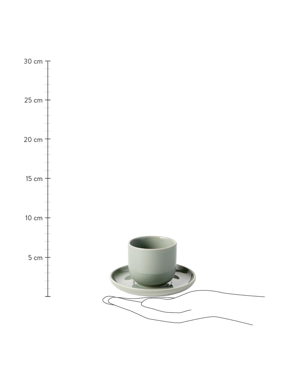Tazzina caffè in porcellana con piattino Nessa 4 pz, Porcellana a pasta dura di alta qualità, Verde salvia, Ø 7 x Alt. 6 cm