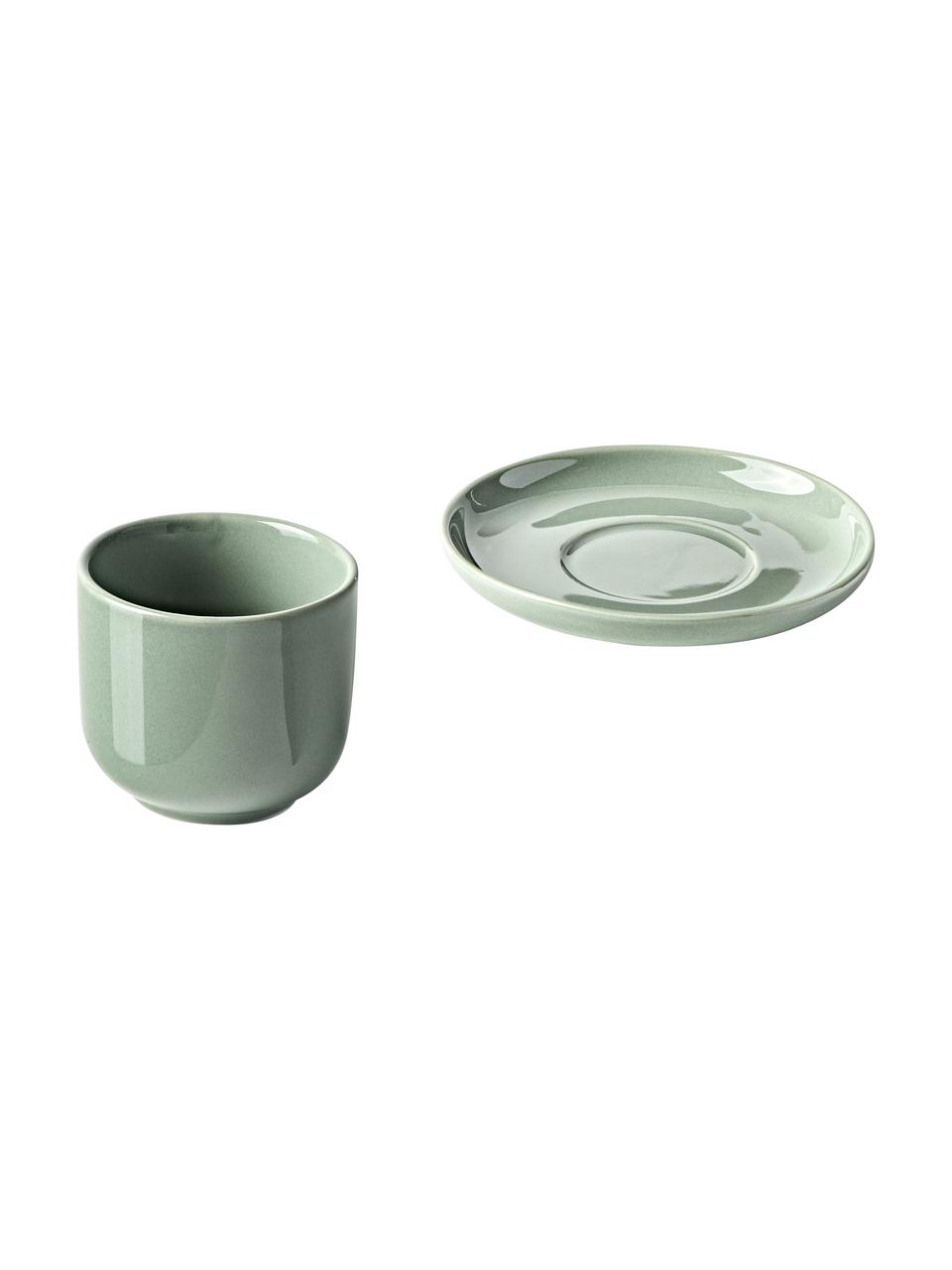 Tazas de café expresso con platitos de porcelana Nessa, 4 uds., Porcelana dura de alta calidad, Verde salvia, Ø 7 x Al 6 cm