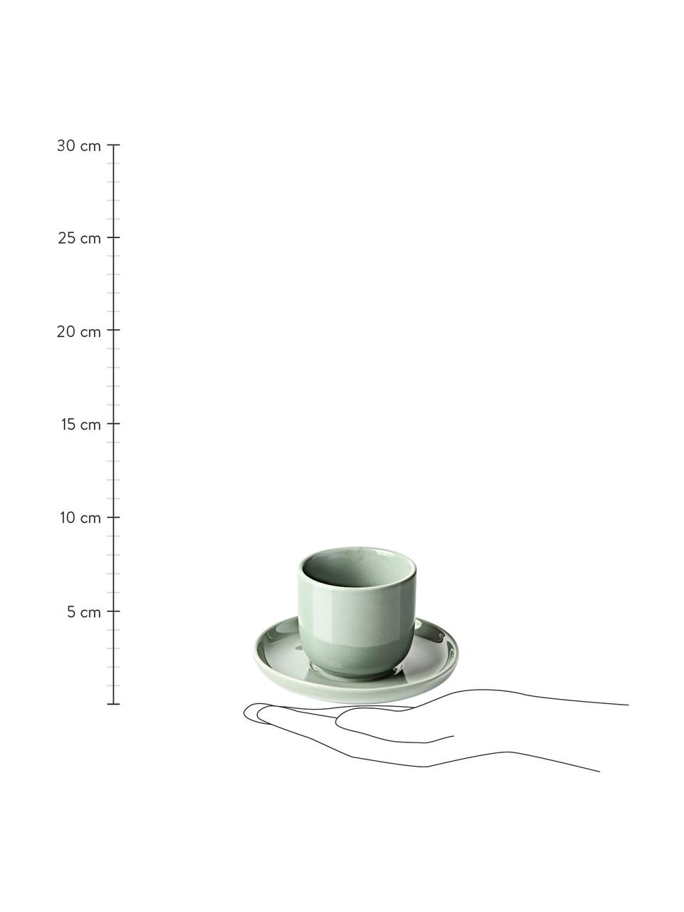 Porcelánové pohárky na espresso s podšálky Nessa, 4 ks, Vysoce kvalitní porcelán, Šalvějově zelená, Š 7 cm, V 6 cm