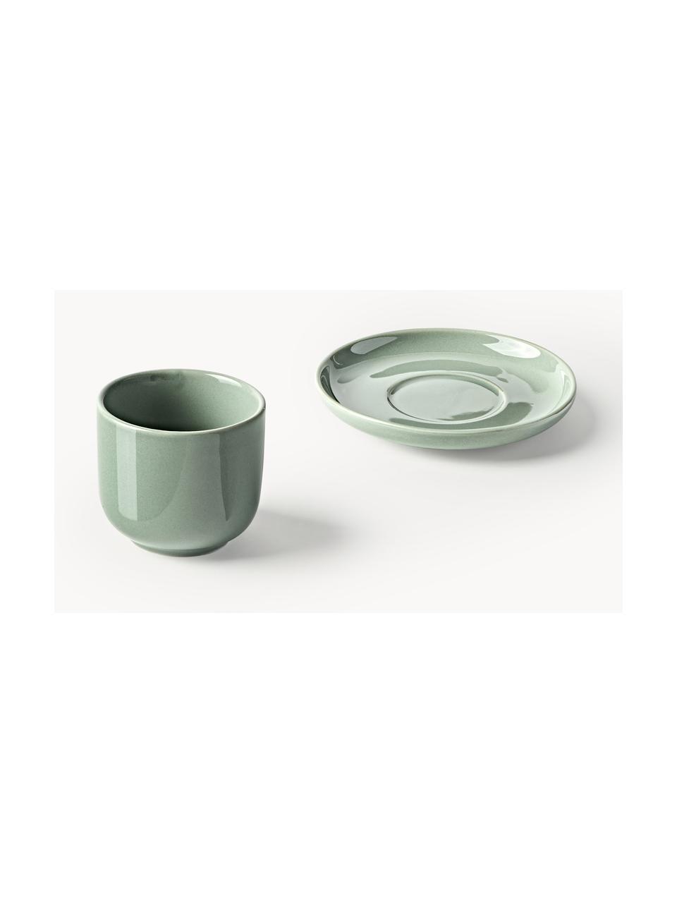 Tazas de café espresso con platitos de porcelana Nessa, 4 uds., Porcelana dura de alta calidad, esmaltada, Verde salvia brillante, Ø 7 x Al 6 cm, 90 ml