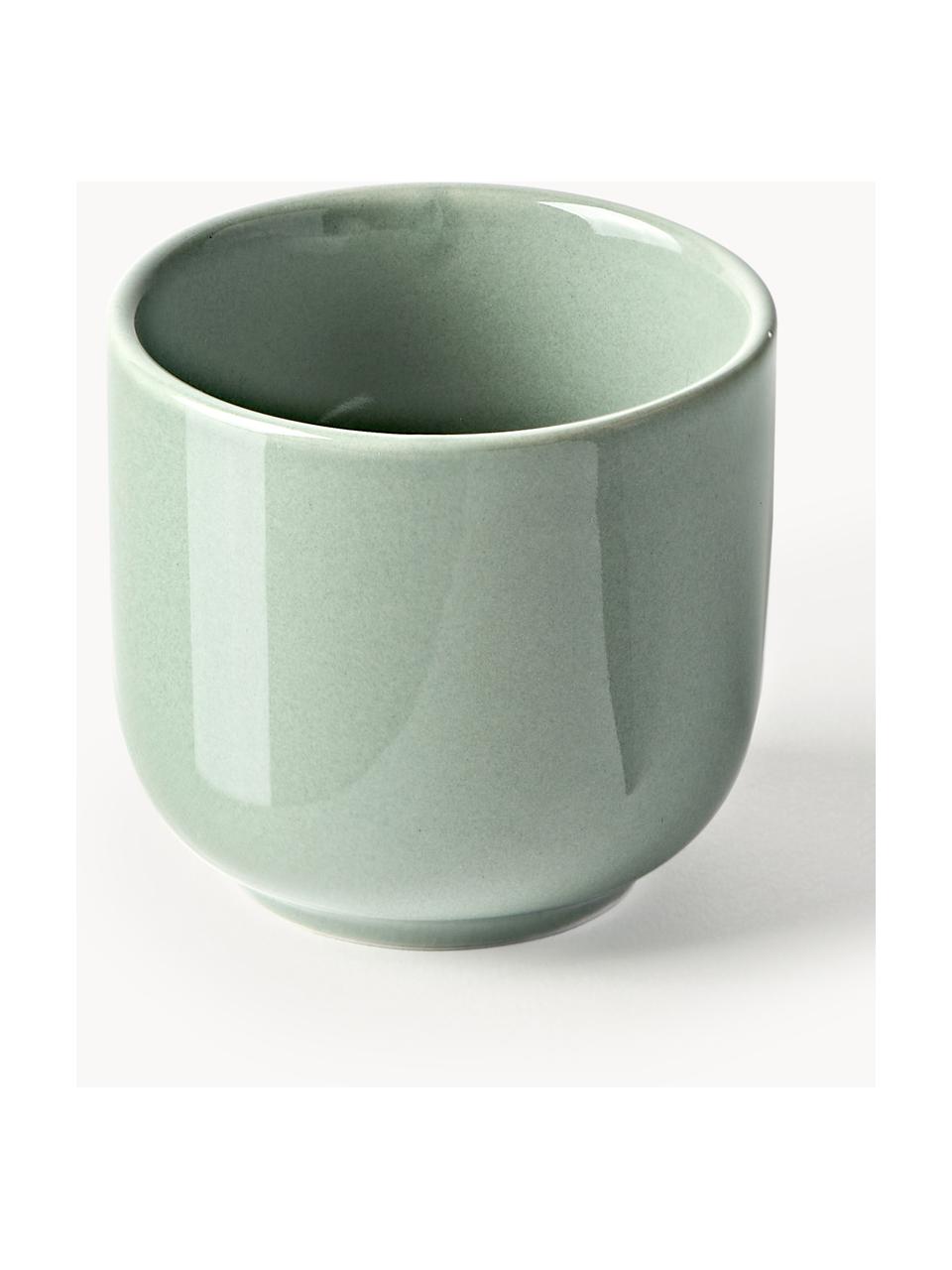 Tazas de café espresso con platitos de porcelana Nessa, 4 uds., Porcelana dura de alta calidad, esmaltada, Verde salvia brillante, Ø 7 x Al 6 cm, 90 ml