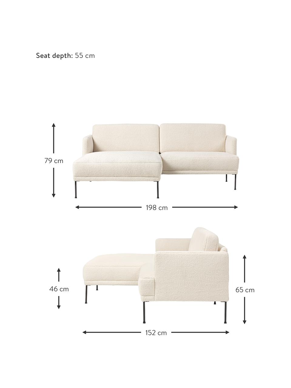 Sofa narożna z metalowymi nogami Fluente, Tapicerka: 100% poliester Dzięki tka, Stelaż: lite drewno sosnowe z cer, Nogi: metal malowany proszkowo, Kremowobiały Teddy, S 198 x G 152 cm, lewostronna